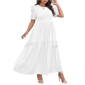 SHEIN White Bubble Sleeve Shirred Bodice Dress NWOT Women’s Plus Size 2XL
